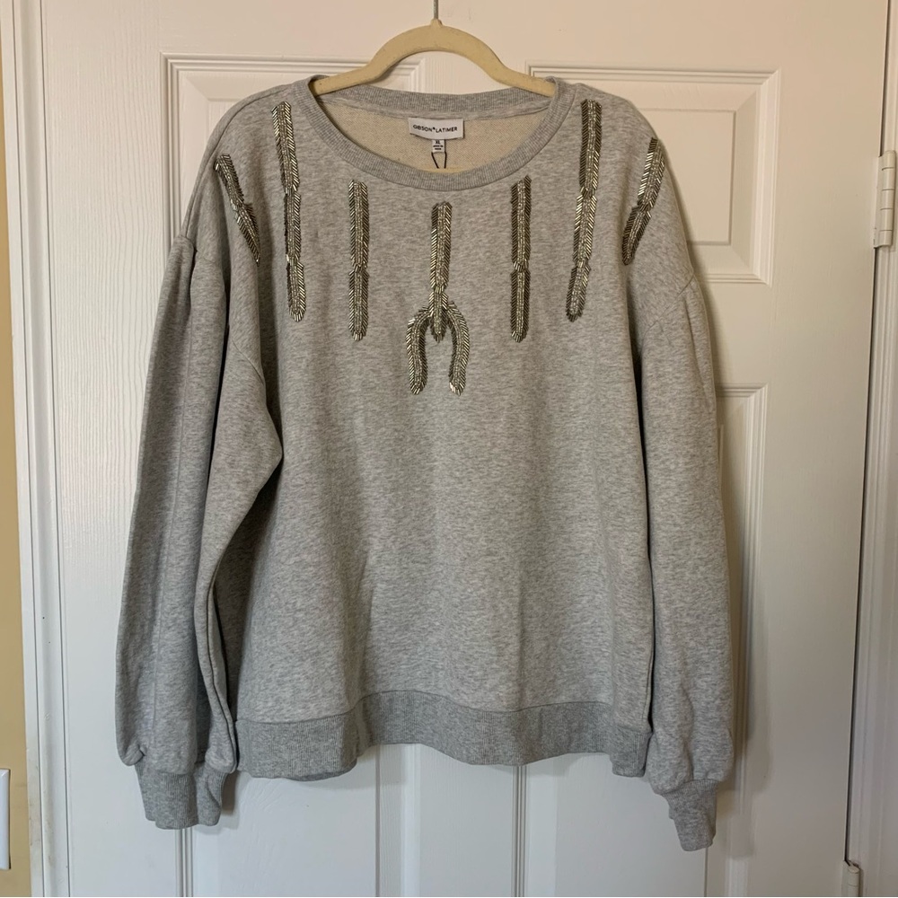 Gibson Latimer Heather Grey Embellished Top with Metallic Accents Casual‎ Chic
